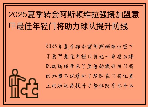 2025夏季转会阿斯顿维拉强援加盟意甲最佳年轻门将助力球队提升防线
